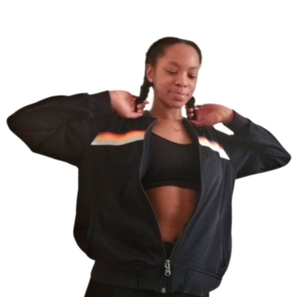 American Eagle Outfitters Rainbow Striped Navy Blue Jacket